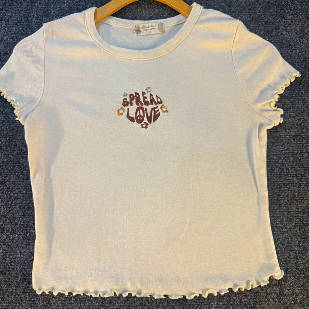 Altar'd State Womens M Spread Love Embroidered Cream Baby Tee Lettuce Hem USA
